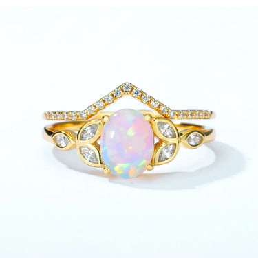 Oval Synthetic Opal Ring with Gold Finish and Nature-Inspired Design