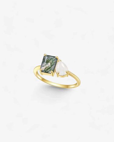 Moonstone Moss Agate Two Stone Engagement Ring - Evergleam Jewelry