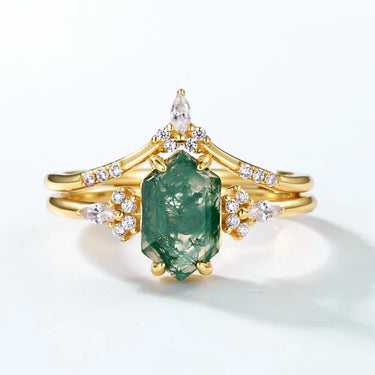 Moss Agate Engagement Ring Inlay Octagon Cut Faceted