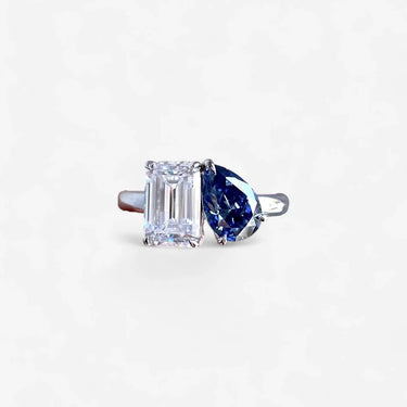 Two Stones Sapphire and Emerald Engagement Ring - Evergleam Jewelry