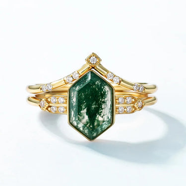 Moss Agate Stackable Engagment Ring with Hexgon Cut