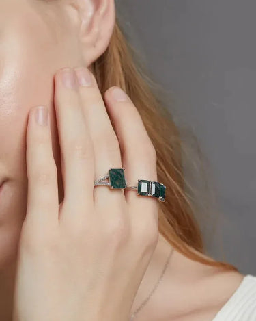 Natural Green Gemstone Ring 925 Sterling Silver Princess Cut Solitaire Moss Agate Ring - Evergleam Jewelry