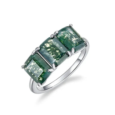 Natural Green Gemstone Ring 925 Sterling Silver Princess Cut Solitaire Moss Agate Ring - Evergleam Jewelry