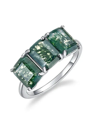 Natural Green Gemstone Ring 925 Sterling Silver Princess Cut Solitaire Moss Agate Ring - Evergleam Jewelry