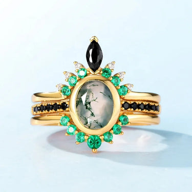 Moss Agate Statement Ring Set with Green and Black Accents