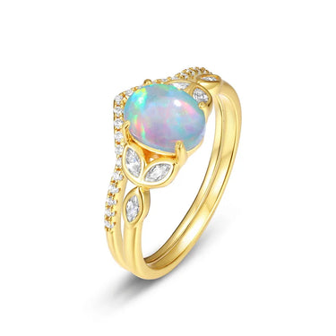 Oval Synthetic Opal Ring with Gold Finish and Nature-Inspired Design