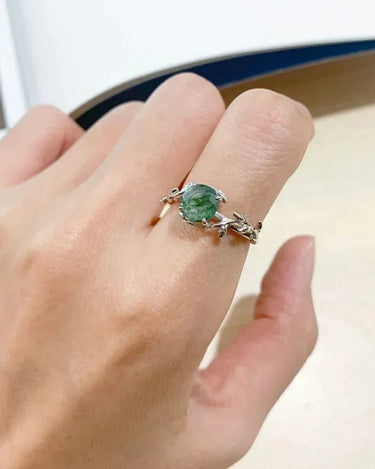 Sterling Silver Statement Round Shaped Retro Green Gemstone Branch Ring Minimalist Moss Agate Adjustable Ring For Women - Evergleam Jewelry