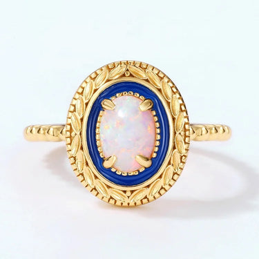 Elegant Synthetic Opal Ring with Blue Enamel Frame