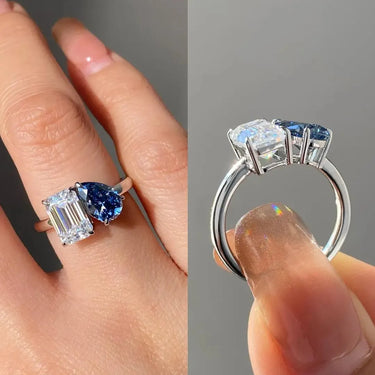 Two Stones Sapphire and Emerald Engagement Ring - Evergleam Jewelry