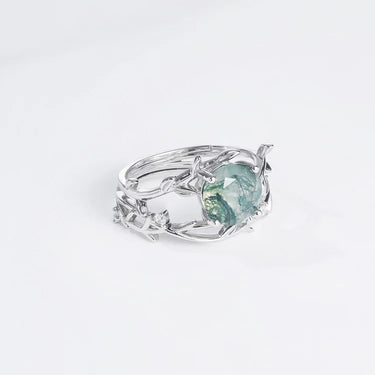 Moss Agate Engagement Ring Twist Twig Style Nature Inspired