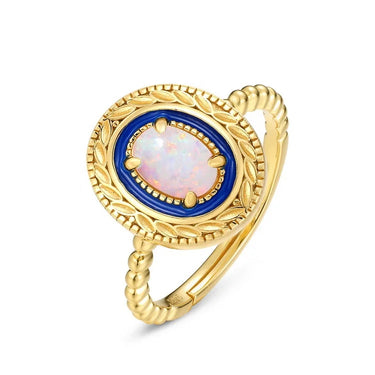 Elegant Synthetic Opal Ring with Blue Enamel Frame