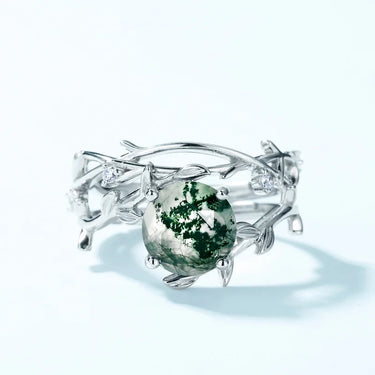 Moss Agate Engagement Ring Twist Twig Style Nature Inspired