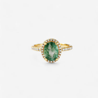 Moss Agate Ring With Halo and Side Accent