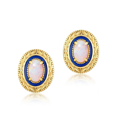 Vintage Synthetic Opal and Blue Enamel Stud Earrings