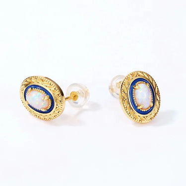 Vintage Synthetic Opal and Blue Enamel Stud Earrings