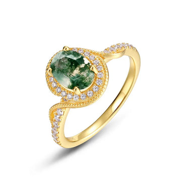 Moss Agate Engagement Ring with Halo and Side Accent