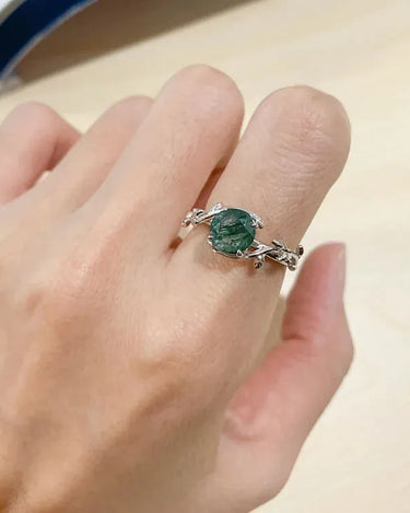 Sterling Silver Statement Round Shaped Retro Green Gemstone Branch Ring Minimalist Moss Agate Adjustable Ring For Women - Evergleam Jewelry