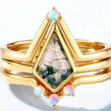 Kite Shape Moss Agate Stacking Ring with Opal Details