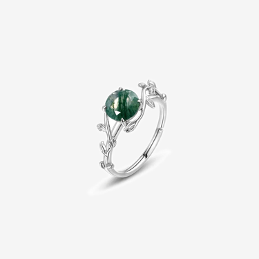 Sterling Silver Statement Round Shaped Retro Green Gemstone Branch Ring Minimalist Moss Agate Adjustable Ring For Women - Evergleam Jewelry