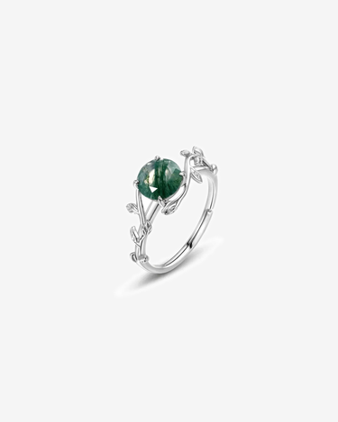 Sterling Silver Statement Round Shaped Retro Green Gemstone Branch Ring Minimalist Moss Agate Adjustable Ring For Women - Evergleam Jewelry