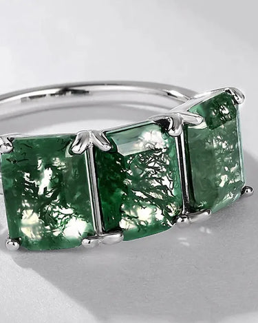 Natural Green Gemstone Ring 925 Sterling Silver Princess Cut Solitaire Moss Agate Ring - Evergleam Jewelry